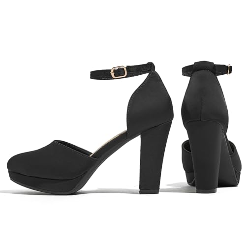 Women's High Block Heels Pumps Round Closed Toe Ankle Strap Dress Wedding Shoes2