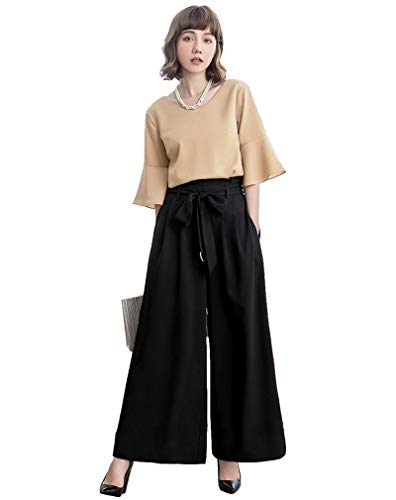 [ECUSSY] エクス 結婚式 ドレス パンツドレス セットアップ レディース フォーマル パンツスーツ お呼ばれ 二次会 披露宴 体型カバー 大きいサイズ (ブラウントップス+ブラックパンツ,M)