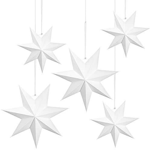 Apragaz 5 Stück Faltsterne Weihnachten, 7 Zacken Papierstern Weihnachten, 25cm X 3 + 40cm X 2 Papierstern weiß, Weihnachtsdeko Skandinavisch für TüRdekorationen, Weihnachtsbaum, Advent Cover