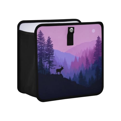 Image of Car Trash Can Organizer Bin with Adjustable Strap for Back Front Seat Console Waterproof Leakproof Collapsible Portable 8.66 Inch Purple Stag Mountains and Forest
