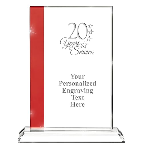 20 Years of Service Custom Crystal Trophy, 8" Ruby Years Achievement Award for Employees Corporate Awards