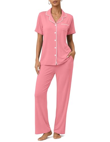 Image of ZMJ Womens Pajamas Sets 2 Piece Button Up Pj Sets Short Sleeve with Long Pant