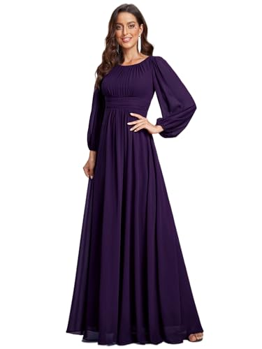 Image of Ever-Pretty Women's Crewneck Long Lantern Sleeves Floor Length A-Line Pleated Chiffon Formal Dress 0106B