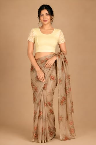 Image of Abhi Cotton Readymade Saree Blouse for Women- Half Net Sleeves, Round Neck, Regular-fit, Stretchable, Pull-on Style Blouse