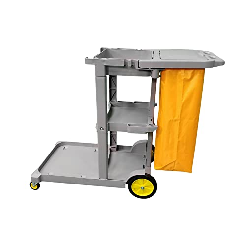 Amber Home Janitorial Cart Utility Cart Housekeeping Cart with Lid & Detachable Bag Heavy Duty 3 Shelf Cleaning Trolley for Restaurant, Hotels, Commercial, Industrial & Hospitality Grey