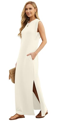 Image of GRECERELLE 2026 Women Year-Round Casual Round Neck Loose Split Wrinkle-Free Long Maxi Vacation Dress with Pockets (XXS-4XL)