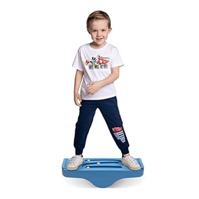 Kids Rocking Seesaw Balance Board with 5 Wooden Balls Sensory Training Rocking Board Balance Training Equipment Children Indoor Outdoor Activity Toy (Blue)