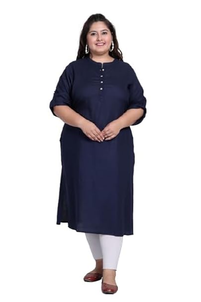 Women Solid Color Pure Cotton Blend Plus Size Straight Kurta Blue
