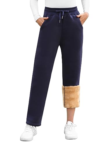 UMIPUBO Pantalon Chandal Mujer Invierno Termico Pantalones Algodon Casual Pantalon Deportivo con Cordón Ajustable con 2 Bolsillos Fleece Pantalones de Jogging(Marina,L)