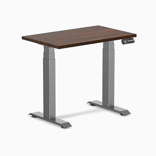 Image of Desky Small Electric Standing Desk, 32 x 20 inches Rubberwood Height Adjustable Sit Stand Desk with Dual Motor and Memory Presets, Compact Home Office Workstation - Dark Walnut Wood Top