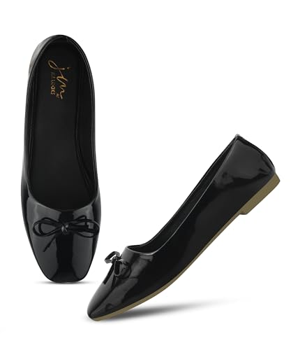 Image of JM LOOKS Elegant Glossy Patent Leather Pointed Toe Flats with Delicate Bow Accent for Professional and Occasion Wear