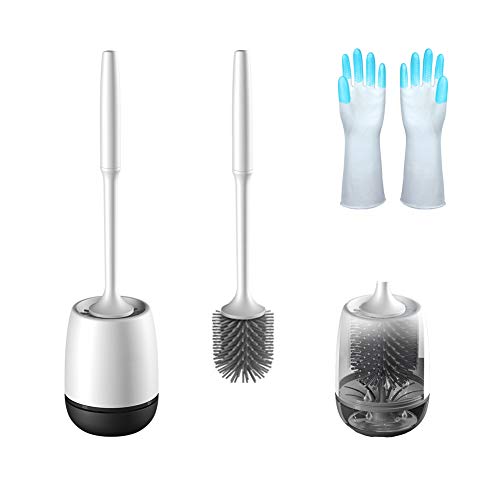 YOMIGA トイレブラシ ケース付き，ゴム手袋 水はね防止 360°植毛ブラシ 柔らかいTPR材 通気·便利設計 地面式·壁掛け式 (壁掛け式)
