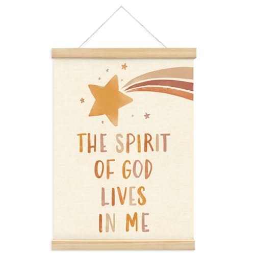 Image of PLKMN Christian Nursery Wall Decor, the Spirit of God Lives in Me Wall Art with Wooden Poster Hanger, Boho Christian Wall Decor for Nursery Kids Room Sunday School Preschool Classroom, 12x16 Inch