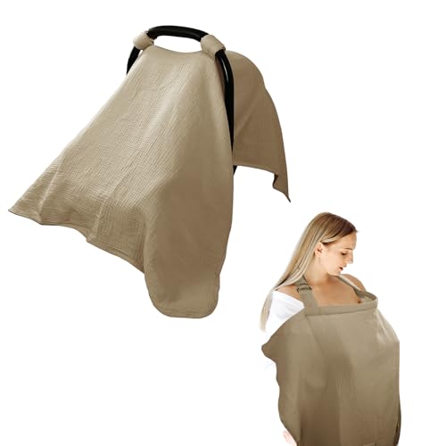 Image of Hooyax 2-in-1 Baby Car Seat Cover & Nursing Cover, 100% Muslin Cotton, Breathable Car Seat Canopy and Privacy Breastfeeding Cover, Brown