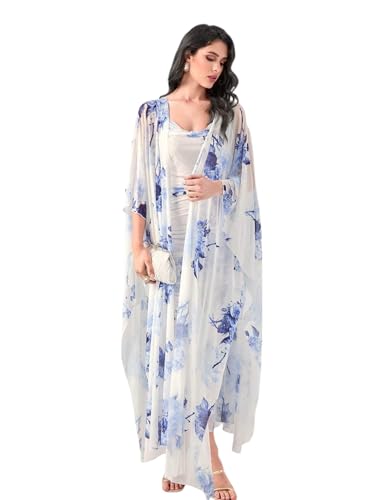Image of LITZO Women's One Piece Dress - Georgette Floral Printed Western Dress for Women | Round Neck Bodycon Dress & Open Front Coat Casual Wear for Events, Date & Evening Look (NO-32-34)