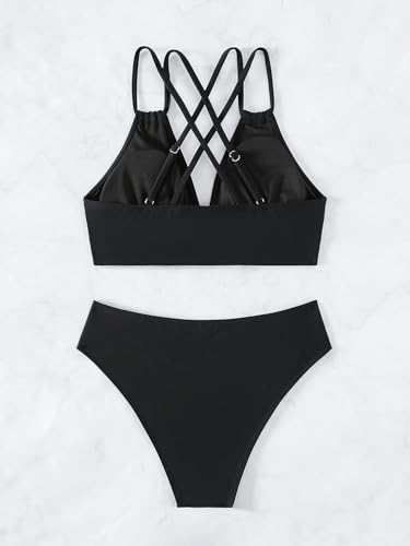 Image of Fanuerg Women's Sexy V Neck Bikini Sets Hollow Out Two Piece Swimsuits Cutout Mid Waist Bathing Suit