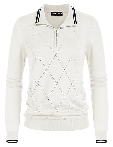 JACK SMITH Pullover Sweaters for Women Long Sleeve Argyle Quarter Zipper Collar Polo Sweater Ribbed Knit Golf Tops