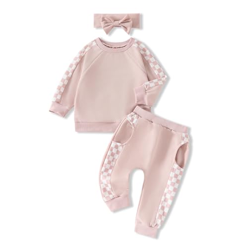 Image of AMAWMW Infant Baby Girl Clothes Long Sleeve Loose Sweatshirts Pockets Pants Headband Outfits Fall Winter Spring Gift