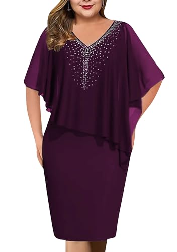 GORIFE Women's Rhinestone Overlay Summer V Neck Cape Sleeve Dress Pencil Casual Solid Color Mesh Chiffon Dress