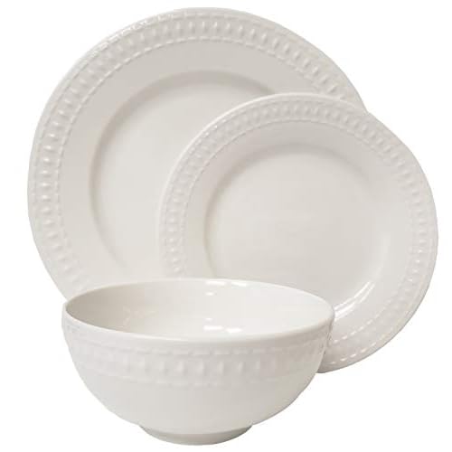 Tabletops Gallery Embossed White Porcelain Round Dinnerware – Bloom 12 Piece Dinnerware Set