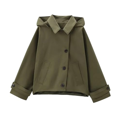 Womens Cropped Trench Coat Hooded Long Sleeved Lapel Single Breasted Lightweight Short Jacket