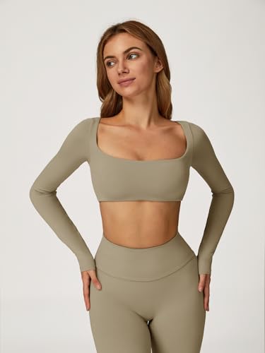 Image of ABOCIW Women Square Neck Long Sleeve Workout Crop Top Low Medium Impact Athletic Yoga Gym Shirts with Built in Bra(ONLY TOP)