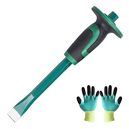 Heavy Duty Mason Chisel with Hand Guard, Flat End Chisels,Demolishing/Masonry/Carving/Concrete Breaker Chisels with Bi-Material Hand Guard+ A pair of gloves Green-2