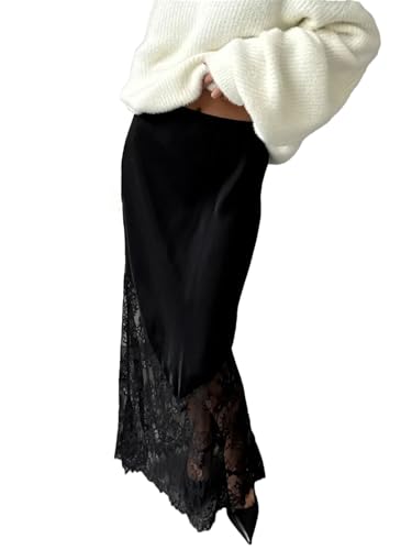 Women's Maxi Skirts Classic Satin Patchwork Lace Hollow-Out High Waist Ankle Length Skirt