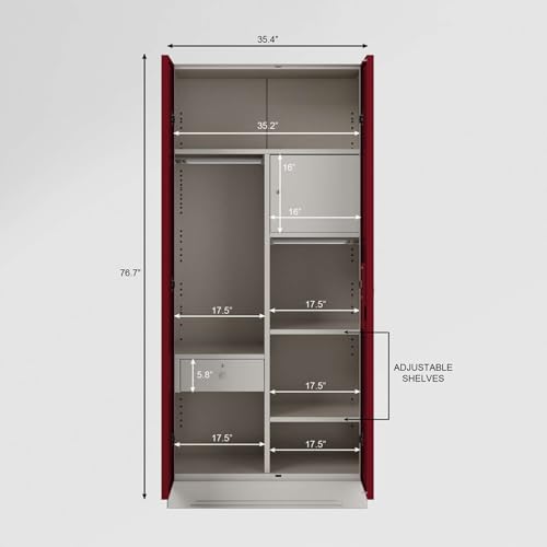 Image of Interio by Godrej Almirah Slimline 2-Door Steel Almirah, Cupboard for Clothes (Textured Caremine Red), 1-Year Warranty, 4 Shelves, 1 Drawer, 1 Locker, Star Design Mirror