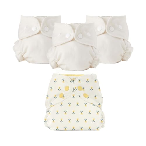 Image of Esembly Cloth Diaper Bundle Set - 3 Organic Cotton Absorbent Inners and 1 Waterproof Outer Diaper Cover - Reusable, Washable, Snap Closure Cloth Diapers - Size 1 (7-17lbs), Buds