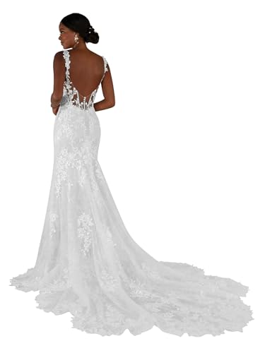 Lace Applique Mermaid Wedding Dresses for Bride with Slit Long Beach Boho Spaghetti Straps V Neck Tulle Bride Gowns