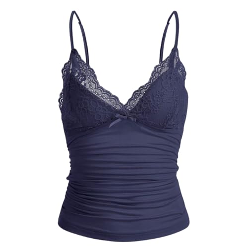 Naileksi Women Y2k Lace Trim Cami Top Spaghetti Strap Fairy Grunge Tank Top V Neck Ruched Bow Lace Patchwork Cami Shirt Navy Blue