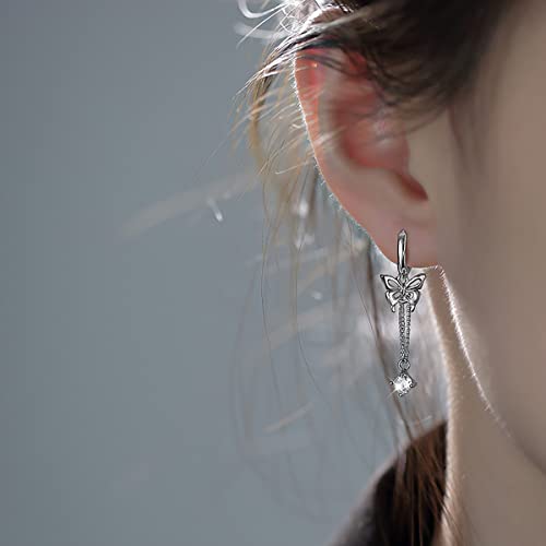 SLUYNZ Sterling Silver Butterfly Drop Dangle Small Hoop Earrings Chain for Women Teens CZ Butterfly Hoop Earrings Huggie3