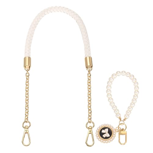 Image of sourcing map PU Leather Chain Purse Strap, 24.4 Inch Braided Purse Handle Replacement with Pearl Pendant for Handbags Underarm Bag Tote (Cream, Light Gold Buckle)