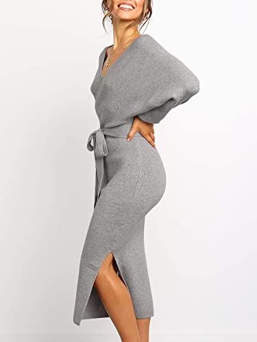 Image of Chang Yun Women's Long Maxi Sweater Dresses Sexy Wrap Batwing V Neck Slit Open Back Holiday Bodycon Dress with Belt