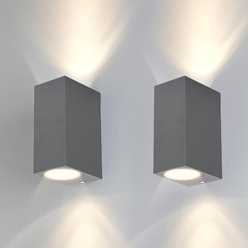 Kerry 2 Pack Outdoor Wall Lights, Outside Wall Light Mains Powered, Up Down External Lighting, IP44 Waterproof Anthracite Modern Rectangle Lamp, Gu10 Wall Mounted Garden Lights for Front Door(No Bulb)