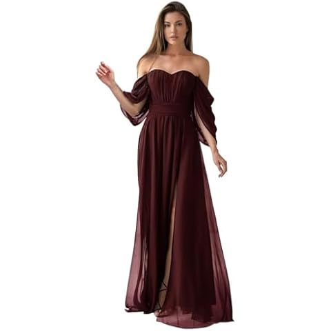 Zuddth Long Sleeve Bridesmaid Dresses for Winter Wedding with Silt Chiffon Off The Shoulder Bridesmaid Dress Plus Size Burgundy Cover