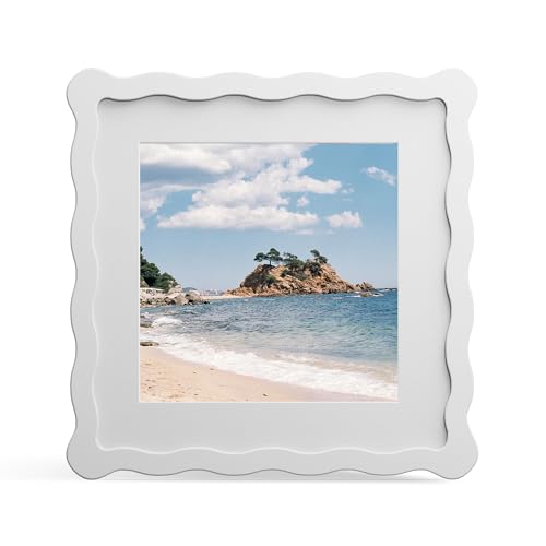 THKRLOF 8x8 Picture Frame with Mat for 6x6, Wavy Edge Wooden Real Glass Photo Frame for Tabletop and Wall Hanging, White, 1 Pack by THKRLOF - Used condition - US$17.06