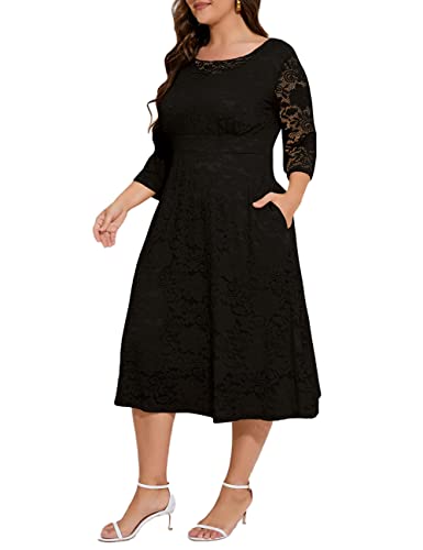 Lrady Women Plus Size Floral Lace 3/4 Sleeve Party Wedding Cocktail Swing Midi Dress With Pockets, Black, Xx-Large #TOP7