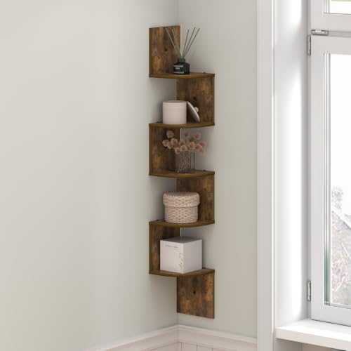 Image of Furinno Rossi 5-Tier Corner Floating Book Shelves for Wall, Amber Pine | Zigzag Corner Shelf, Wall Mounted, Radial Floating Shelf, for Living Room, Bedroom, Bathroom, Home Office