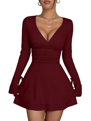 XXTAXN Women's Sexy Wrap V Neck Long Sleeve Flowy Hem A Line Ruched Waist Corest Mini Dress WineRed