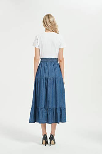 Tronjori Womens A Line Long Midi Chino Denim Skirt Tired Pleated Layers Elastic Waist Front Drawstring3