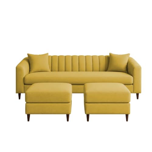 Image of Doraldo 3 Seater Sofa Set with 2 Ottoman for Living Room (Yellow) Premium Fabric Sofa