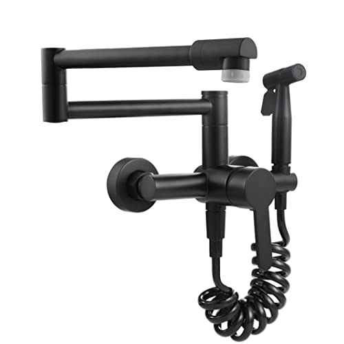 WOTZOV Grifo de Cocina Negro con rociador, Grifo Plegable de latón para Fregadero con caño Doble, Mezclador de Cocina Monomando retráctil de Pared con Brazo oscilante.