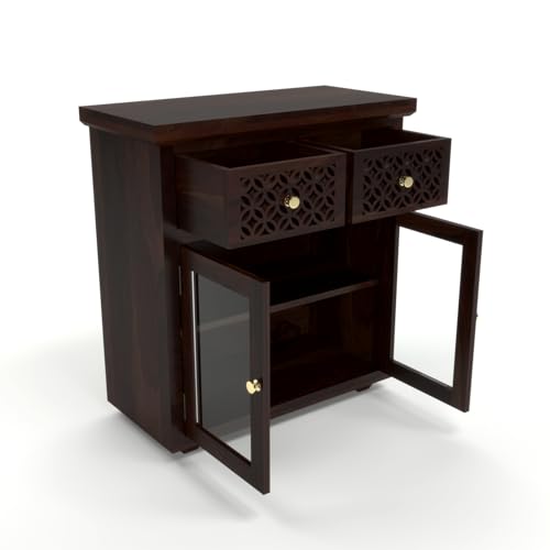 Image of Solid Sheesham Wood Sideboard Cabinet for Living Room | Wooden Storage Cabinet with 2 Acrylic Glass Doors & 2 Carved Drawers | Modern Display Sideboard for Home (Walnut Finish)