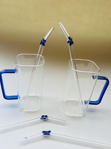 Image of THE Empty Space Set of 4 Reusable Glass Straws, Blue Colored Flower Straws with Gift Packaging for Smoothies, Milkshakes, Juices, Teas, Perfect for Parties & Gifts | 7 inch Height 4 PCs