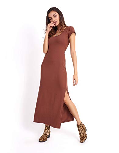 Vestido Midi com Fendas Tamanho:GG;Cor:Marrom