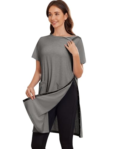 Image of Deyeek Women's Post Shoulder Surgery Hospital Gowns Tear Away Short Sleeve Full Open Side Snap Adaptive Clothing Nightgowns