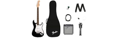 Una guitarra eléctrica Squier Stratocaster Serie Debut, amplificador Frontman 10G, funda acolchada, correa, cable, púas, soporte para guitarra, afinador de clip y un pack de cuerdas adicionales.