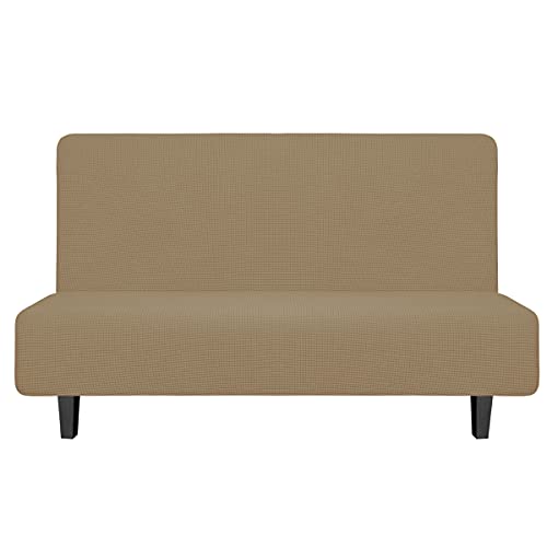 Image of Easy-Going Stretch Medium Futon Slipcover Armless Futon Cover Tan | Sofa Bed Furniture Protector Without Armrests with Elastic Bottom for Kids, Soft Jacquard Machine Washable